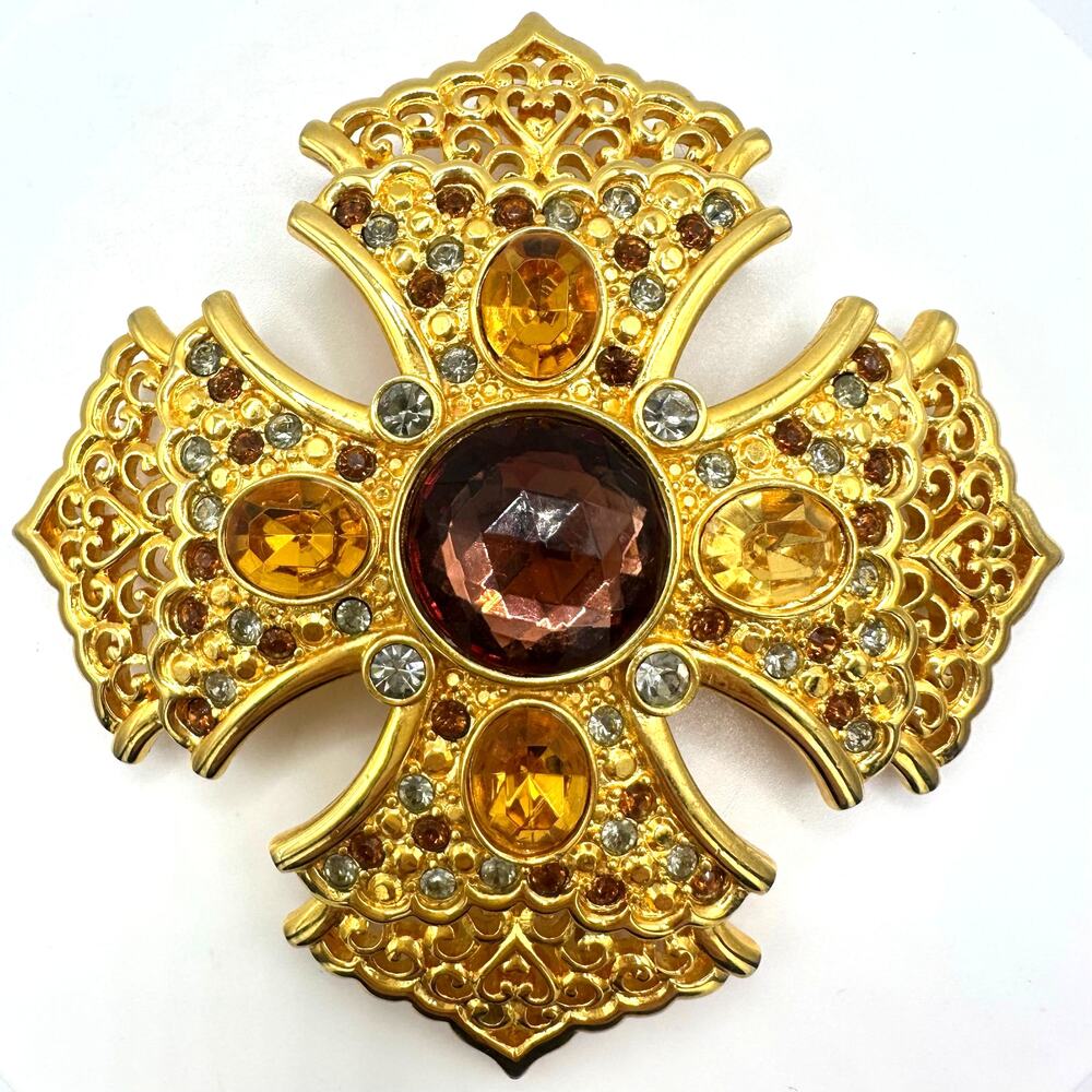 Alana Stewart gold tone glass cabochons rhinestones Maltese Cross brooch pendant
